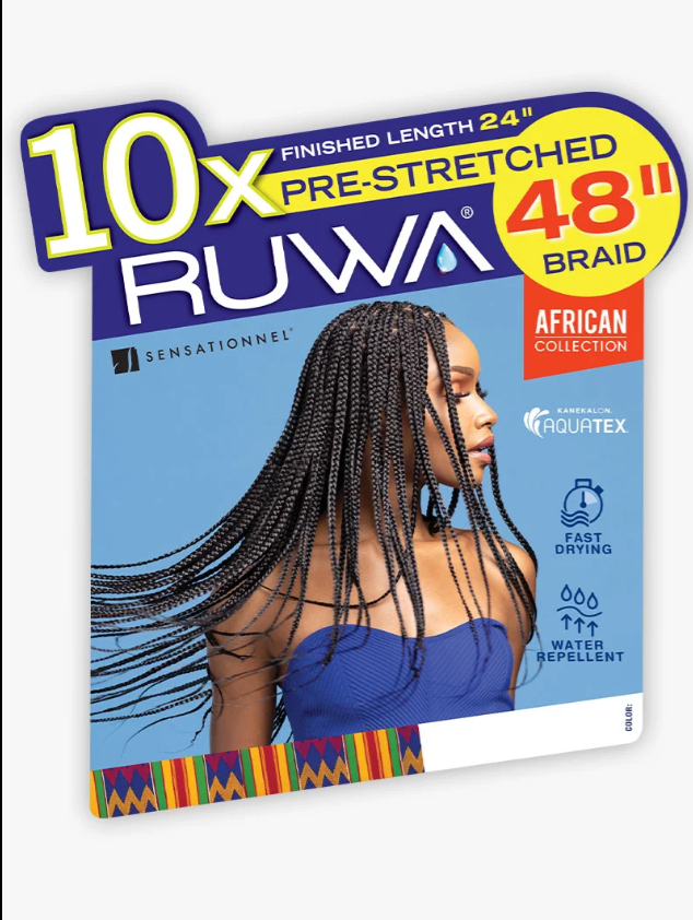Product packaging for RUWA braiding hair with a model and product details on a blue background