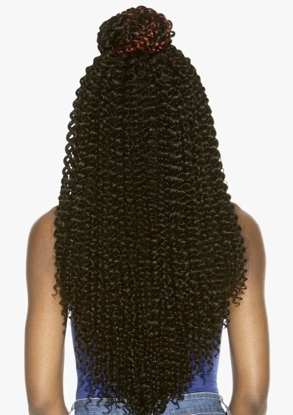 Long, curly hair styled in a high bun with extensions on a white background