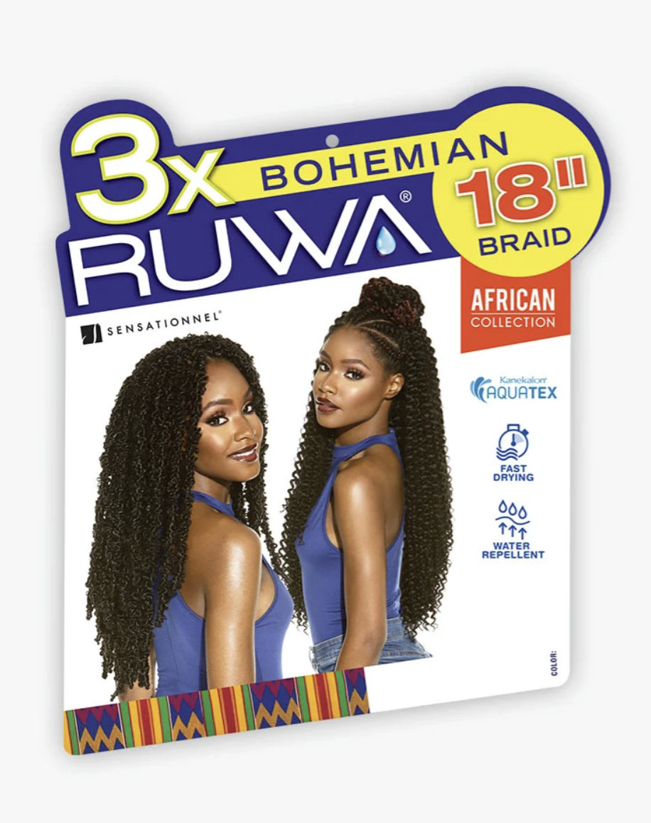 Packaging of 3x Bohemian Ruwa 18 braid hair product with two models on a white background