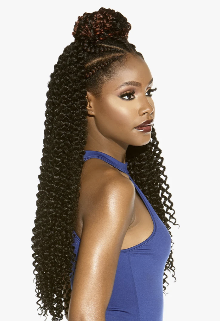Woman with styled hair in braids and curls on a white background