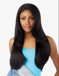 Thumbnail for Woman with long black hair wearing a blue top and denim jacket on a white background