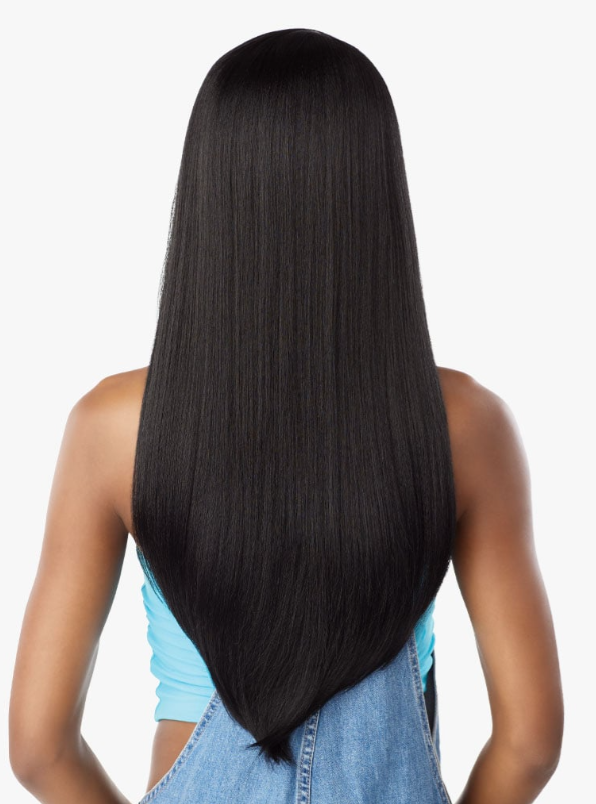 Person with long, straight black hair on a white background