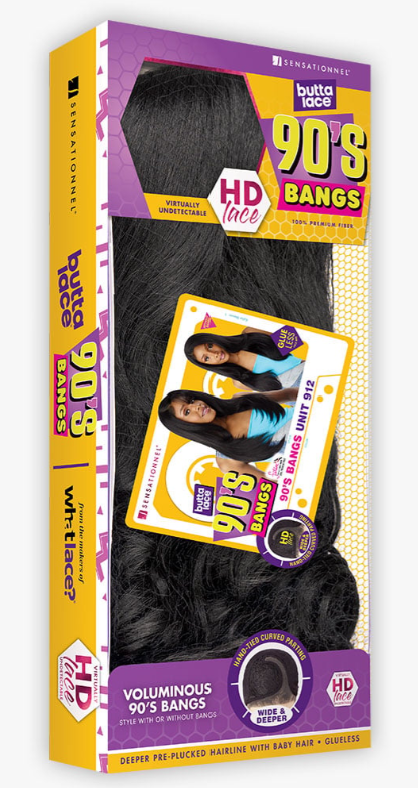 SENSATIONNEL Box of '90s Bangs' hair extensions with purple and yellow design