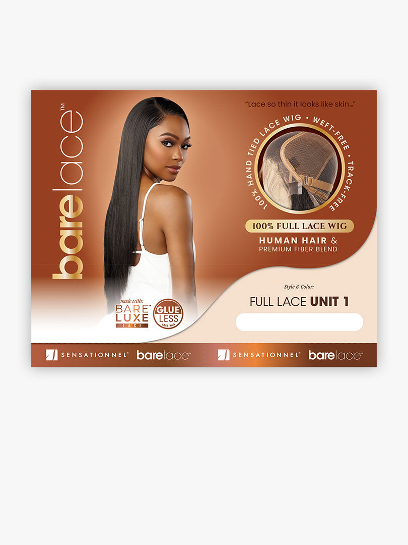 Bare Lace wig packaging with a model and product details on a white background