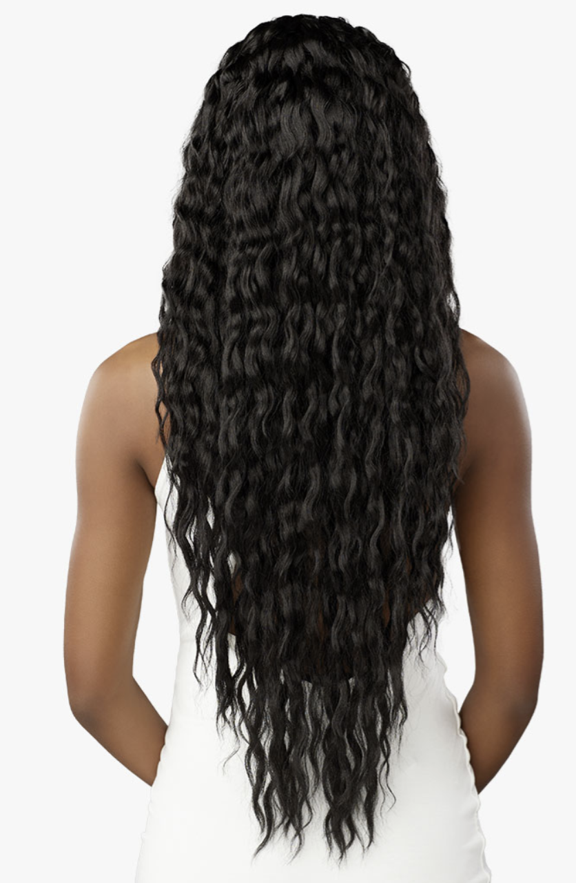 Person with long, wavy black hair on a white background