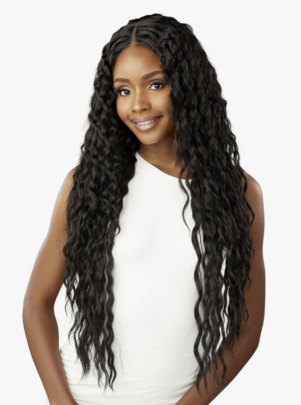 Woman with long, wavy black hair wearing a white top on a white background