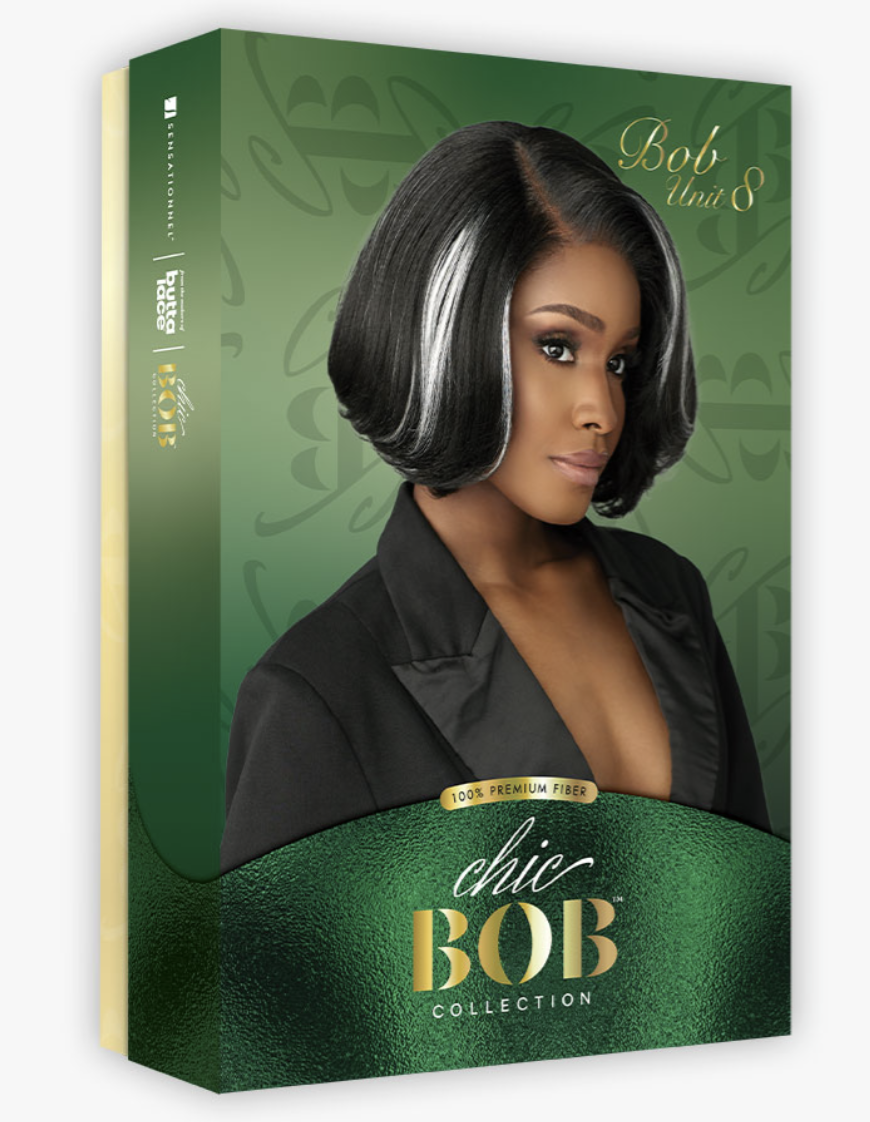 Box of hair product with a model and 'Chic Bob Collection' branding on a green background