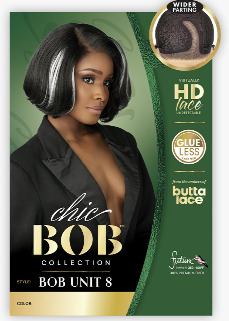Hair product packaging for 'Chic BOB Collection' with a model and product details on a green background.