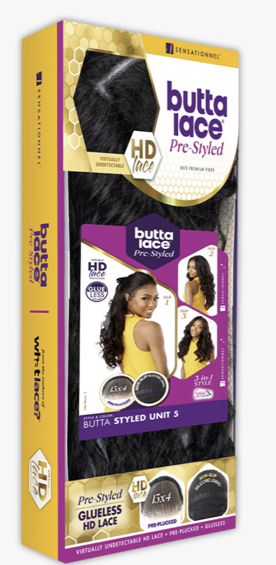 Butta Lace hair extension packaging with images of a woman and hair extensions on a white background.