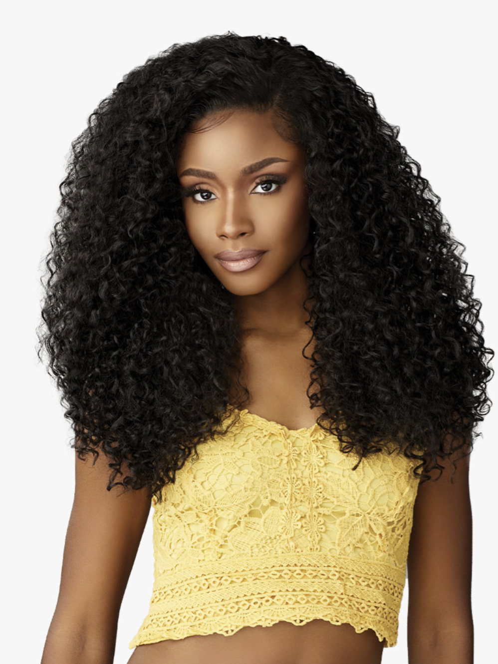 Woman with long, curly black hair wearing a yellow lace top on a white background
