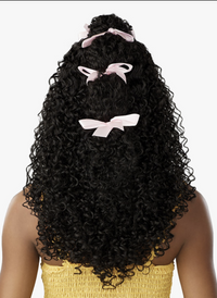 Thumbnail for Black curly hair extension with pink bows on a white background