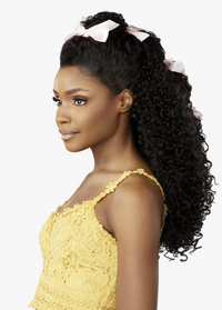 Thumbnail for Woman with styled hair wearing a yellow lace top on a white background