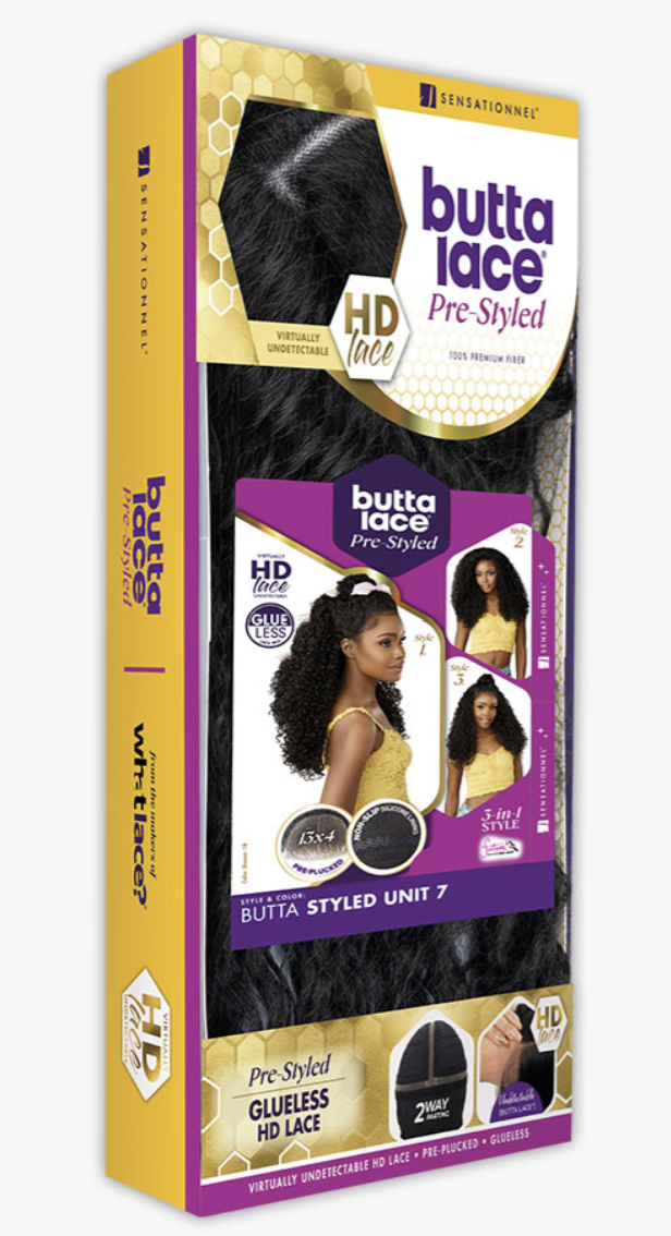 Butta Lace hair product packaging with images of a woman and text on a white background