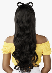 Thumbnail for Person with long, wavy black hair styled in a ponytail with a bow, wearing a yellow off-shoulder top.