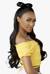 Thumbnail for Woman with styled hair wearing a yellow off-shoulder top on a white background