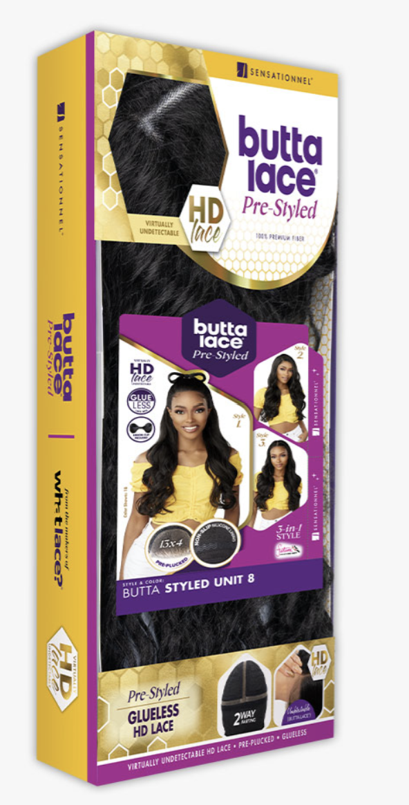 Butta Lace hair product packaging with images of a woman and hair extensions on a white background.