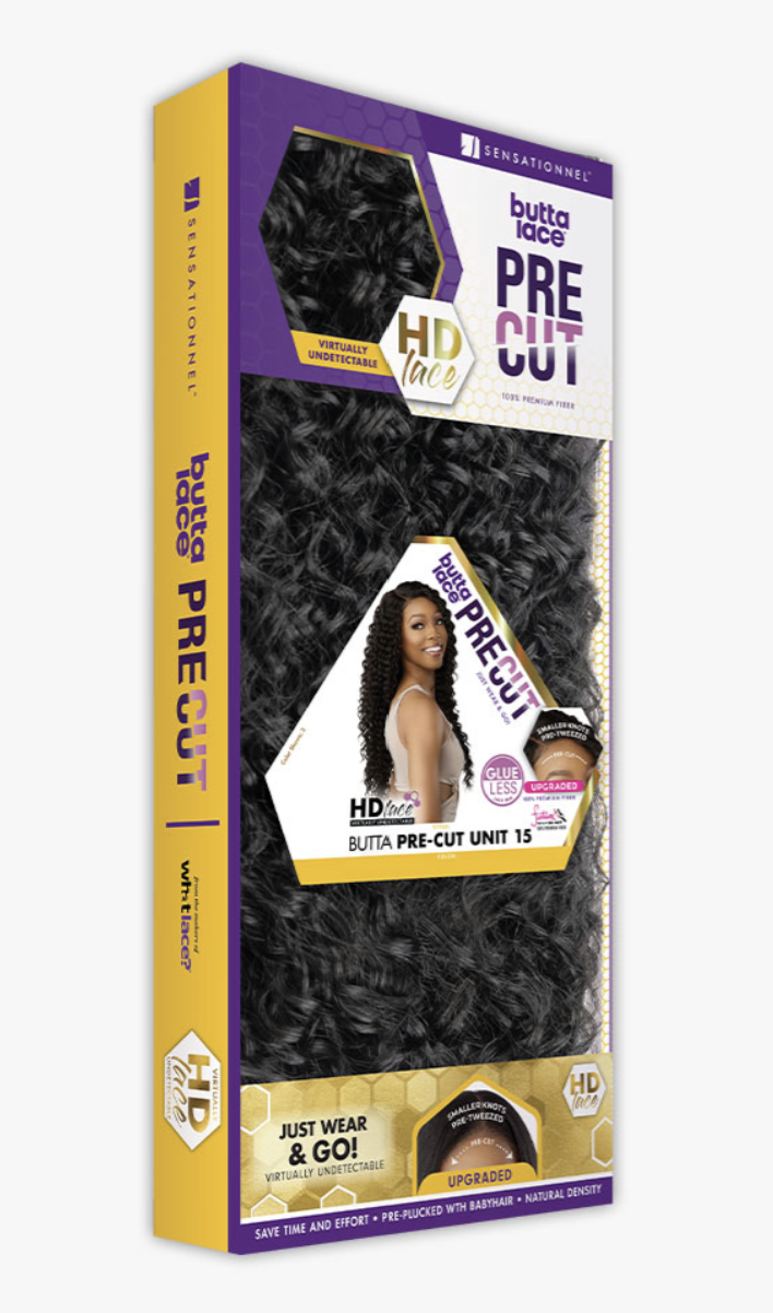 Butta lace pre-cut hair extension packaging with purple and yellow design.