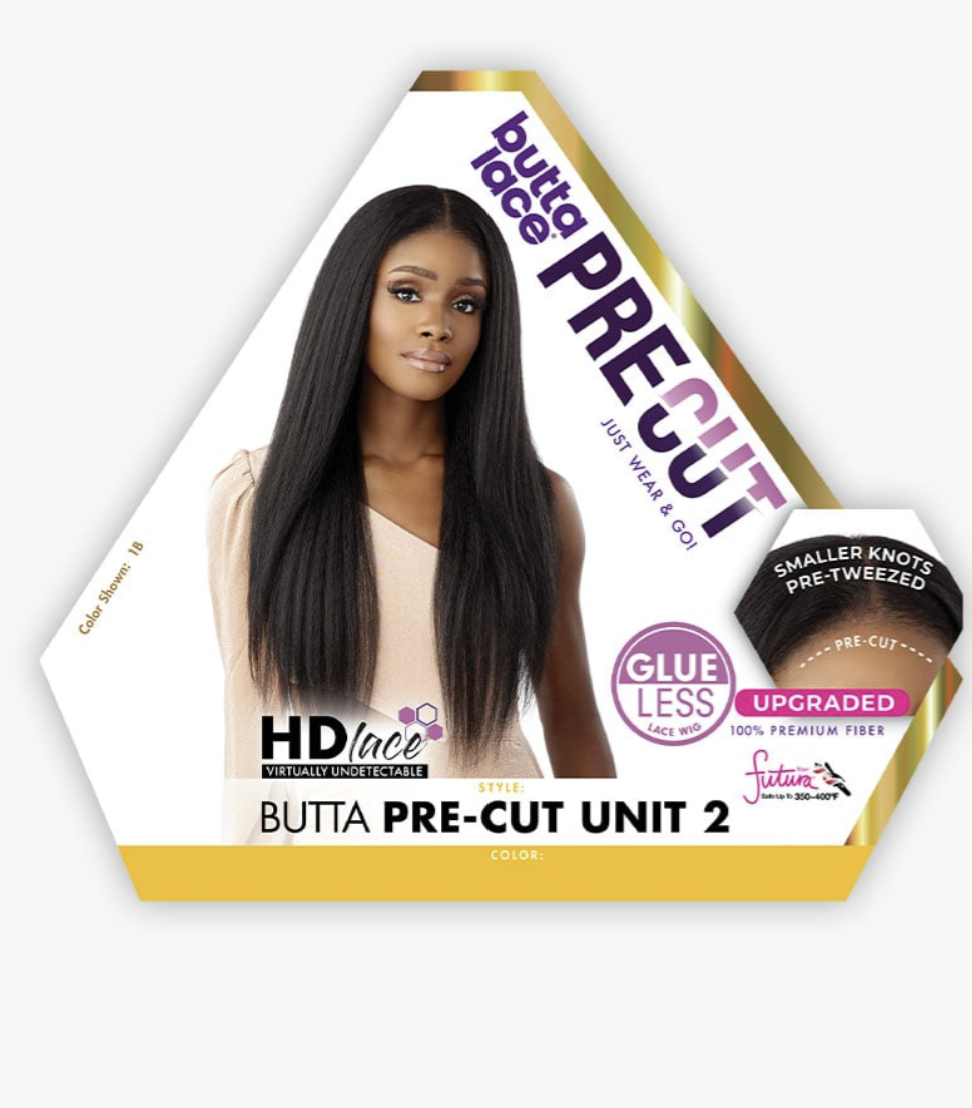 Packaging of Butta Pre-Cut hair units with a model and product details on a white background