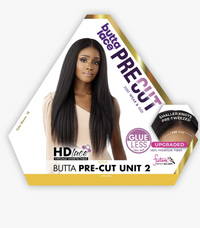 Thumbnail for Packaging of Butta Pre-Cut hair units with a model and product details on a white background