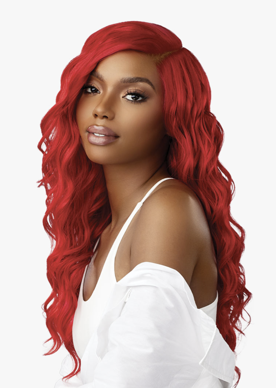 Woman with vibrant red hair wearing a white top on a white background