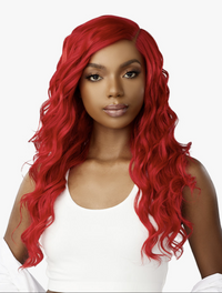 Thumbnail for Woman with vibrant red hair wearing a white top on a white background