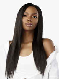 Thumbnail for Woman with long straight black hair wearing a white top on a white background