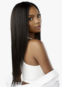 Thumbnail for Woman with long straight black hair wearing a white top on a white background