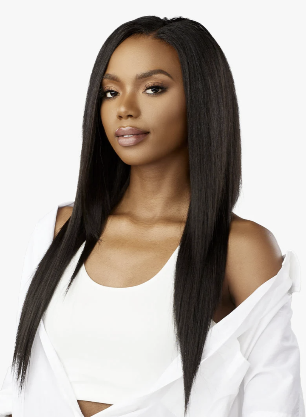 Woman with long straight black hair wearing a white top on a white background