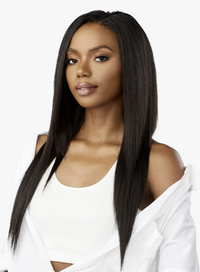 Thumbnail for Woman with long straight black hair wearing a white top on a white background