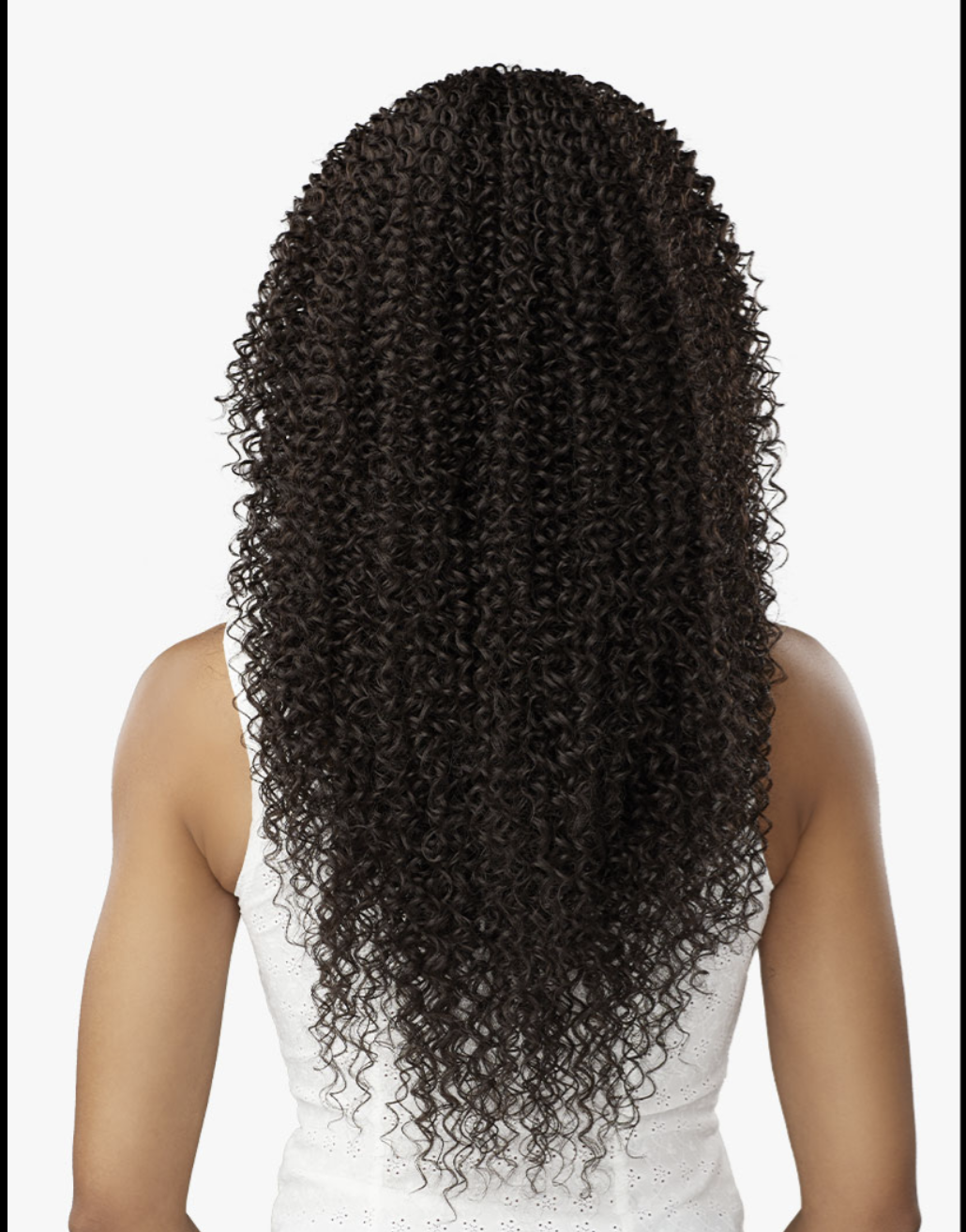 Person wearing a wig with long, curly black hair on a white background