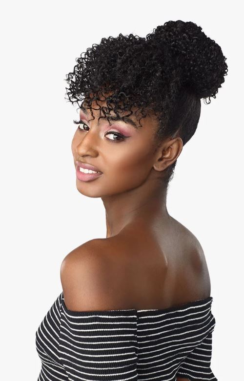 SENSATIONNEL DRAWSTRING PONYTAIL INSTANT BUN WITH BANG, SIDEVIEW WITH BACK TILT, Sareya Beauty Supply store in Calgary Alberta Canada