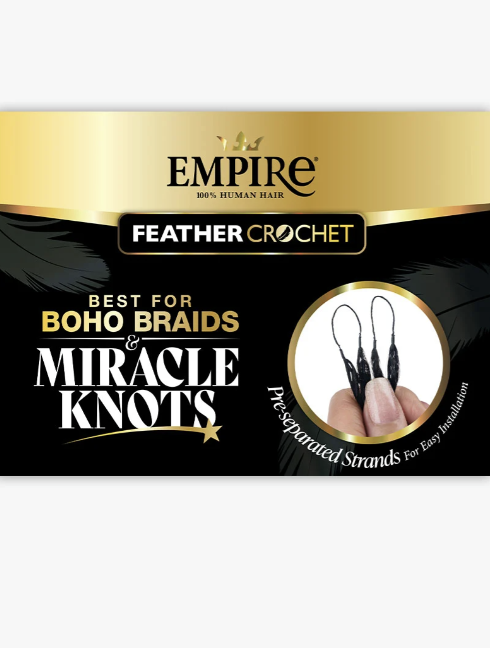 Empire Feather Crochet hair product packaging with gold and black design.