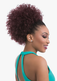 Thumbnail for A woman shown from the back and side profile wearing a voluminous, curly high ponytail in a deep burgundy shade, paired with a teal halter top against a plain white background.