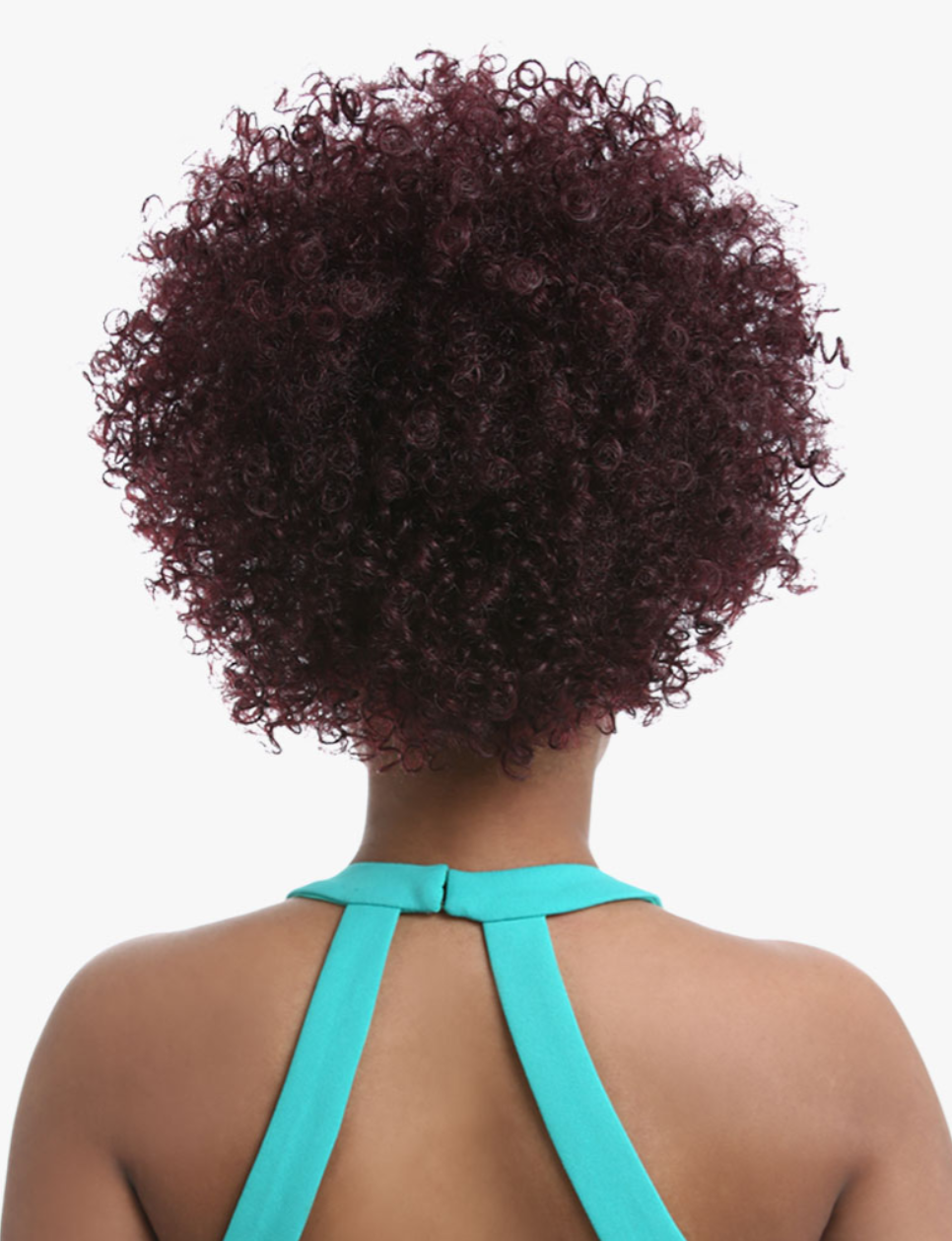 Back view of a person with a voluminous, tightly curled afro hairstyle in a deep burgundy color, wearing a turquoise halter top against a plain white background.