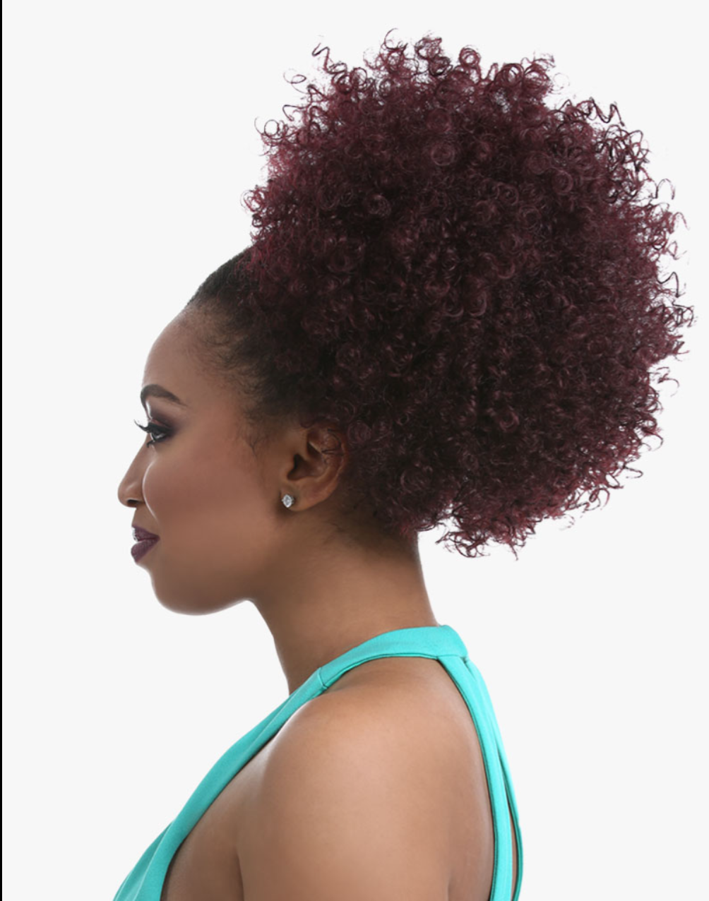 A woman shown in side profile wearing a voluminous, high-pile curly hair extension or wig in a deep burgundy shade, paired with a turquoise top against a plain white background.