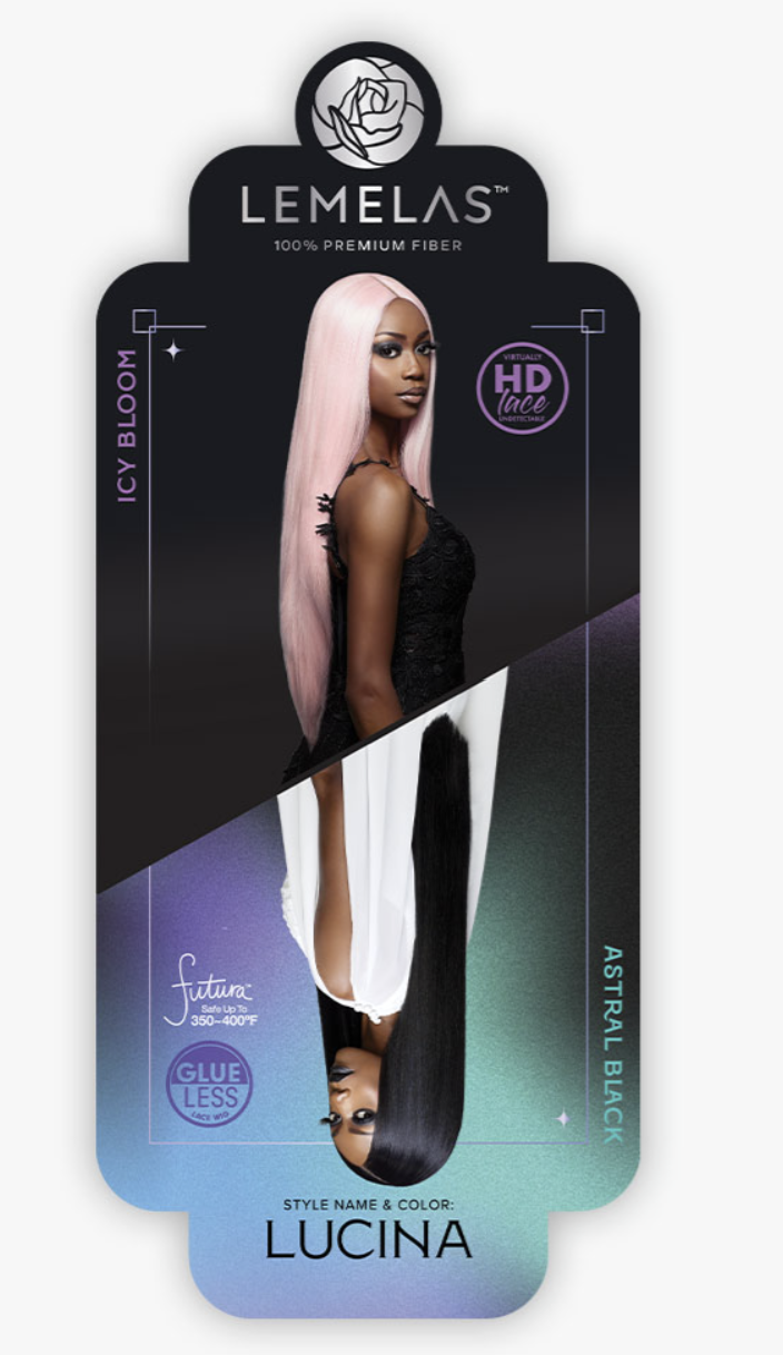 Lemelas hair product packaging with a model wearing a pink wig.