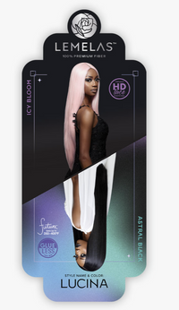 Thumbnail for Lemelas hair product packaging with a model wearing a pink wig.