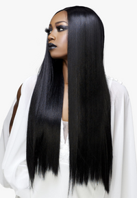 Thumbnail for Woman with long straight black hair wearing a white top on a white background