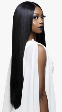 Thumbnail for Woman with long straight black hair wearing a white top on a white background