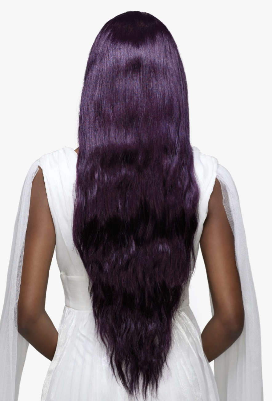 Person with long, dark purple hair wearing a white dress on a white background