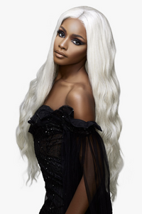 Thumbnail for Woman with long white wig wearing a black dress on a white background