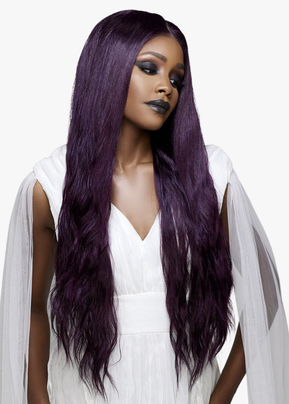 Woman with long purple hair wearing a white dress on a white background