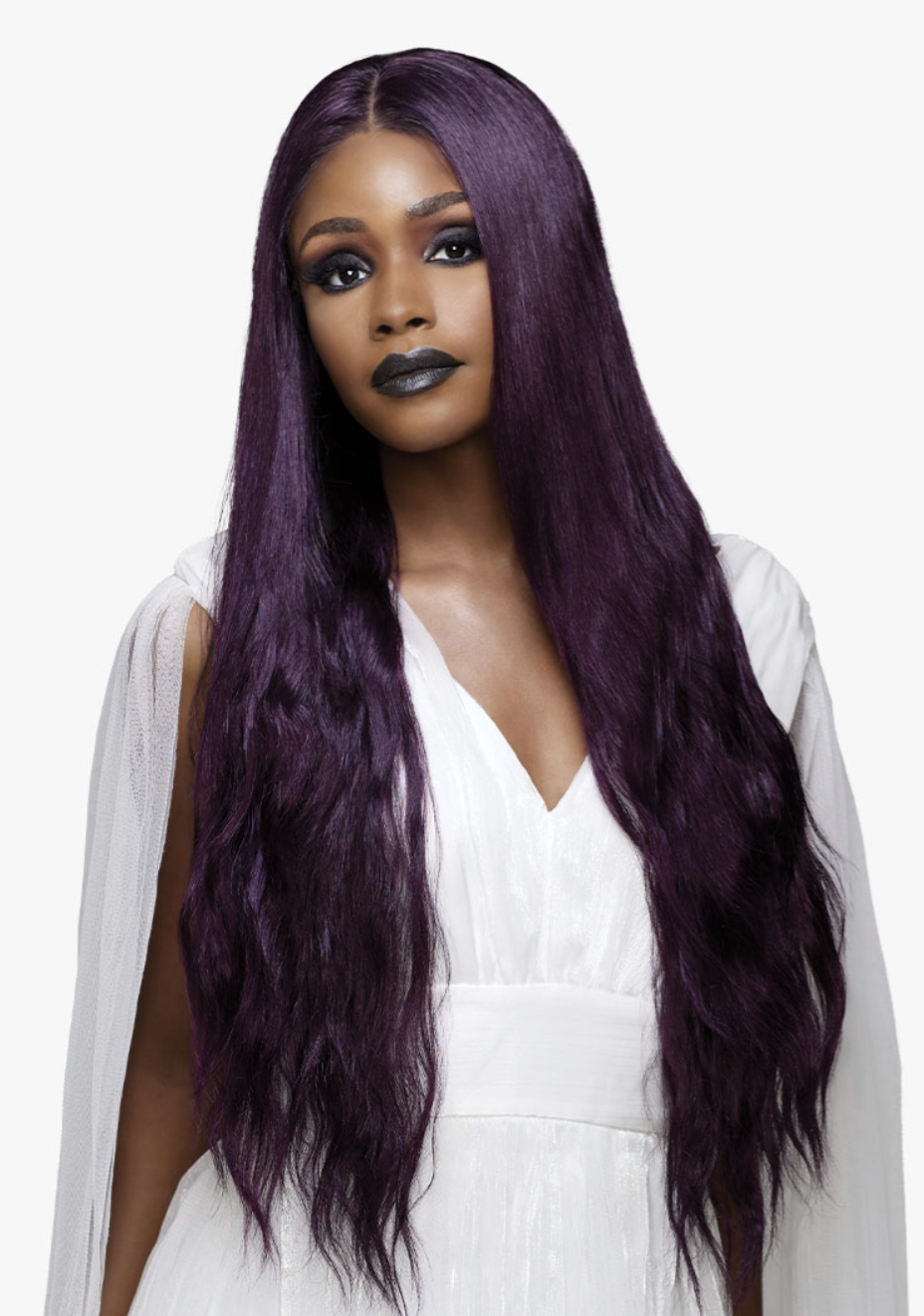 Woman with long purple hair wearing a white outfit on a white background