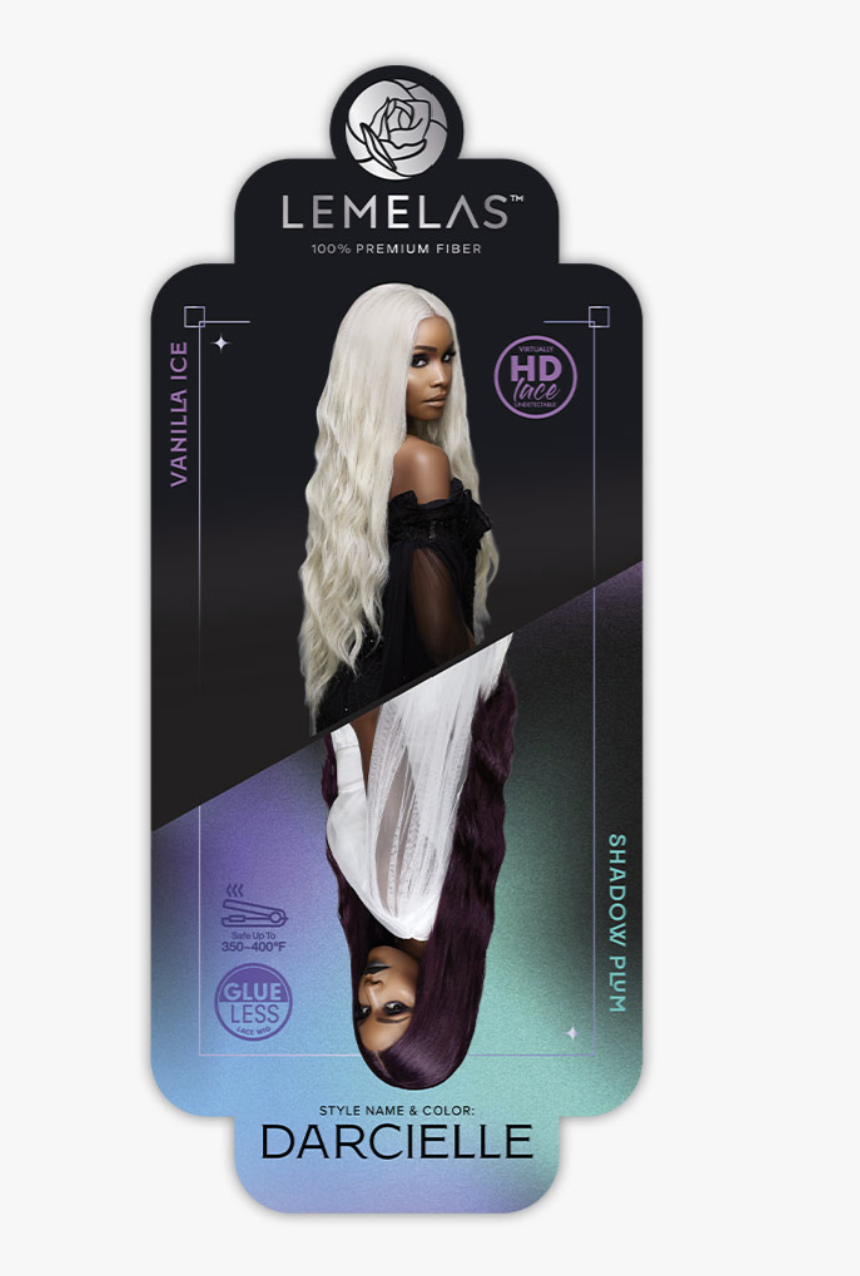 Packaging of Lemelas hair product with a model wearing a wig.
