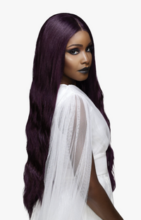 Thumbnail for Woman with long, dark purple hair wearing a white outfit on a light gray background