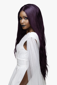 Thumbnail for Woman with long purple hair wearing a white dress on a white background