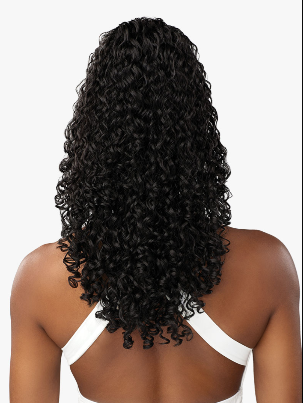 Long, voluminous black curly wig shown from the back on a model against a light gray background.
