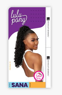 Thumbnail for Lulu Pony Sensationnel hair extension package in style Sana, featuring a model with long, dark brown to black curly high ponytail extensions. The packaging is purple, white, and orange, with the Lulu Pony brand logo at the top.