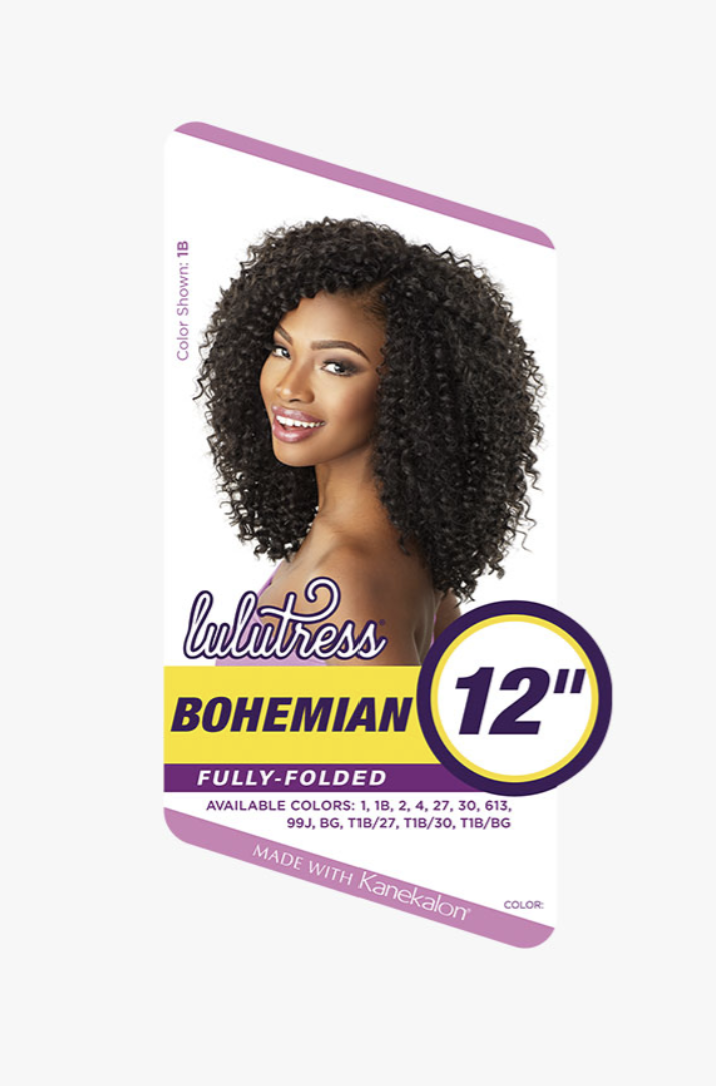 Lulutress Bohemian hair product packaging with a woman's face on a white background