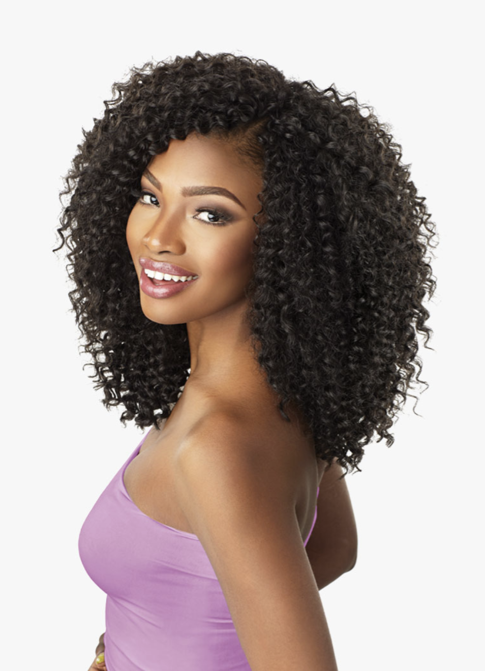 Woman with curly hair wearing a purple top on a white background